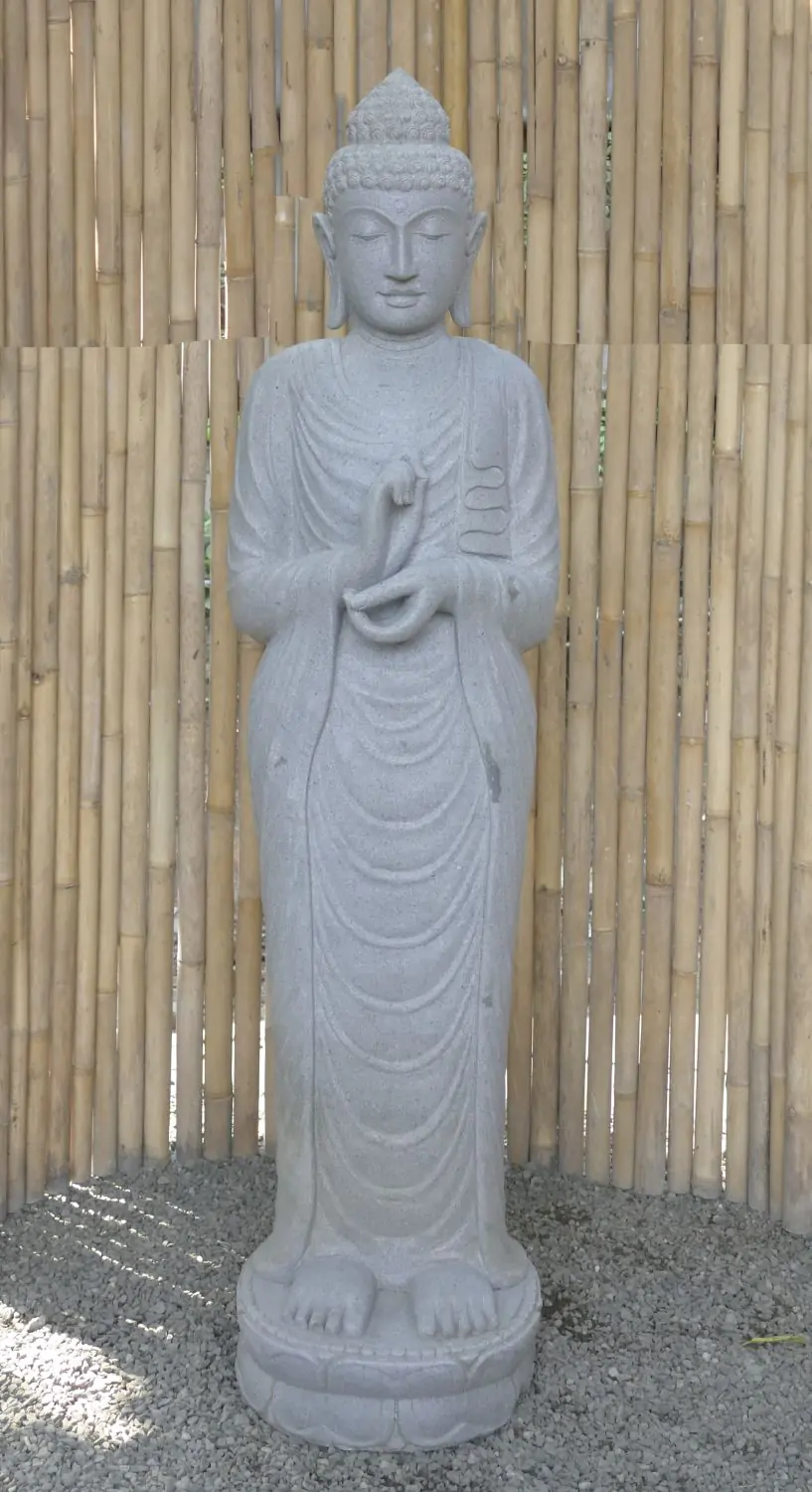  Product image 1 of the product “Standing Buddha made of Riverstone in Dharmachakra position - gesture of wheel of the teaching of Dharma. About 182cm height. ”